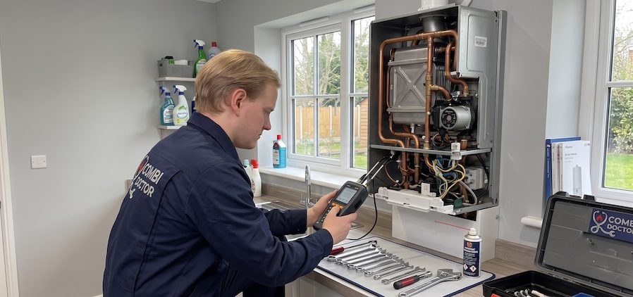 A Combi Care engineer diagnosing a boiler fault on site