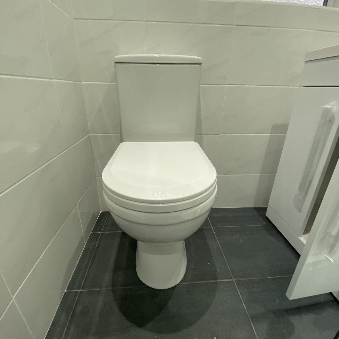 Close-coupled WC fitted in a tiled cloakroom